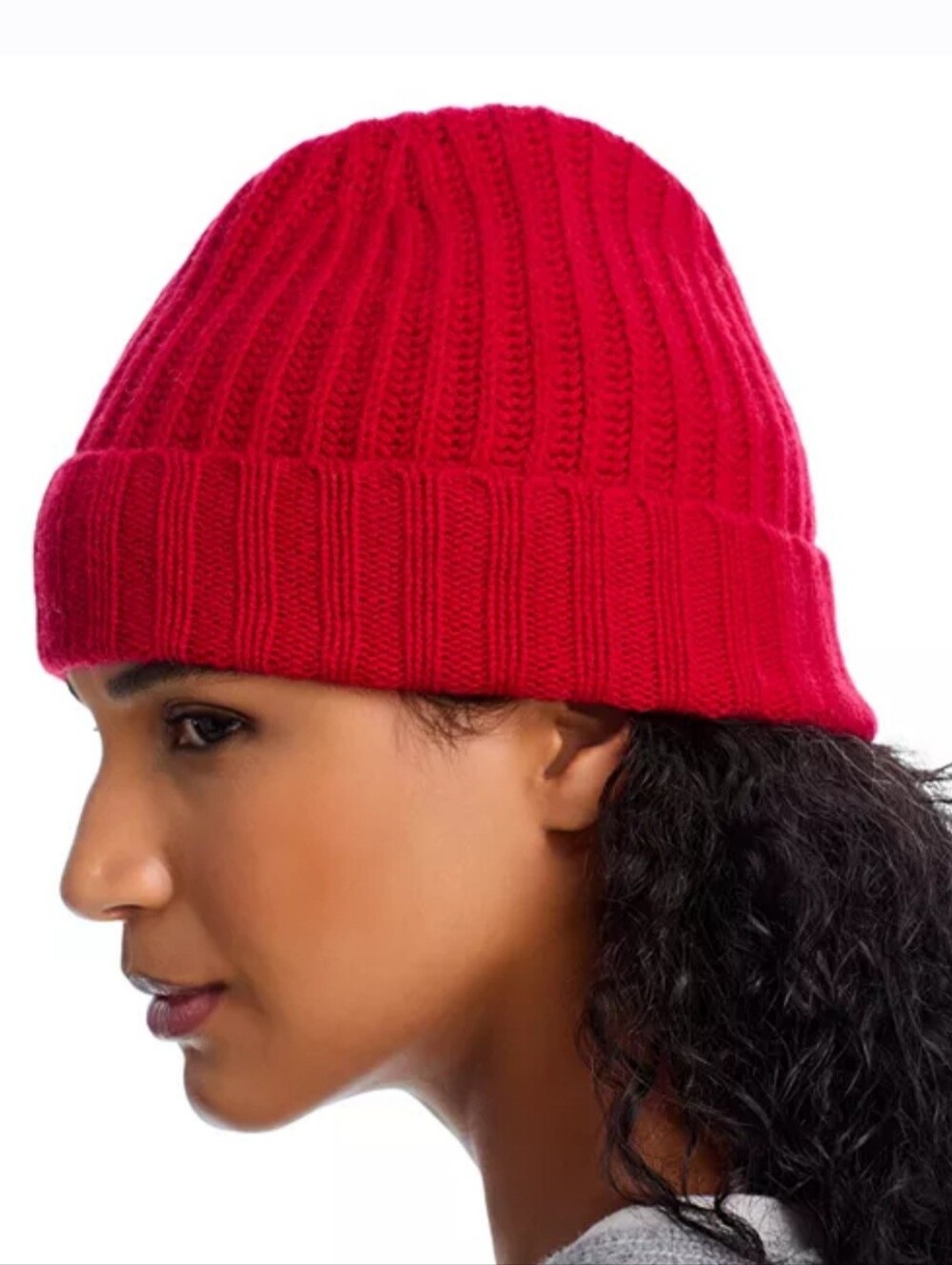 NWT C by Bloomingdale's 100% Cashmere Ribbed Beanie Hat Red $88